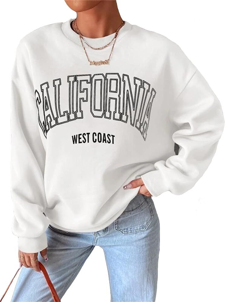 LOFAAC Women Oversized Fleece California Letter Graphic Print Sweatshirt Aesthetic Crew Neck Long... | Amazon (US)