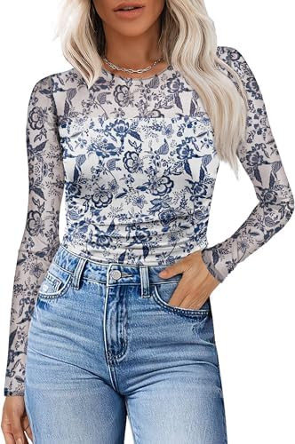 XIEERDUO Women's Sexy Sheer Long Sleeve Tops Crew Neck Mesh Ruched Going Out Shirts Blouse Date N... | Amazon (US)