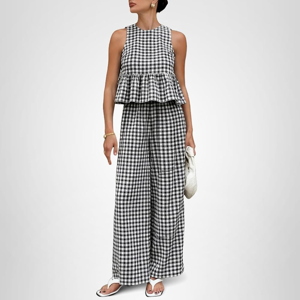 Tanming Women's 2 Piece Set Outfits Gingham Plaid Tank Tops Wide Leg Pants Matching Lounge Sets | Amazon (US)