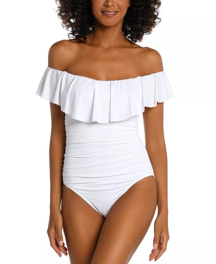 Island Goddess Off-The-Shoulder Ruffled Tummy-Control One-Piece Swimsuit | Macys (US)