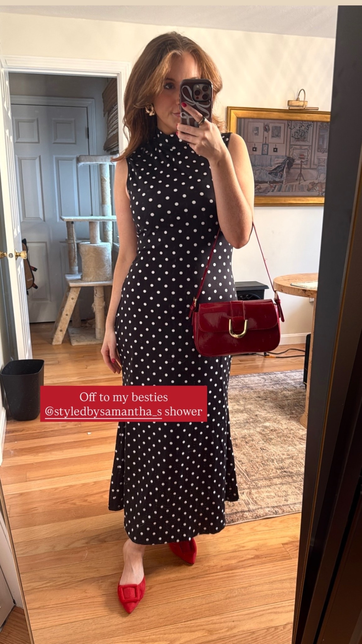 Off to my besties  @styledbysamantha_s shower the perfect outfit for a winter bridal shower. Polka dot dress, black and white dress, winter dress, red kitten heels Amazon finds

#LTKootd #LTKFindsUnder100