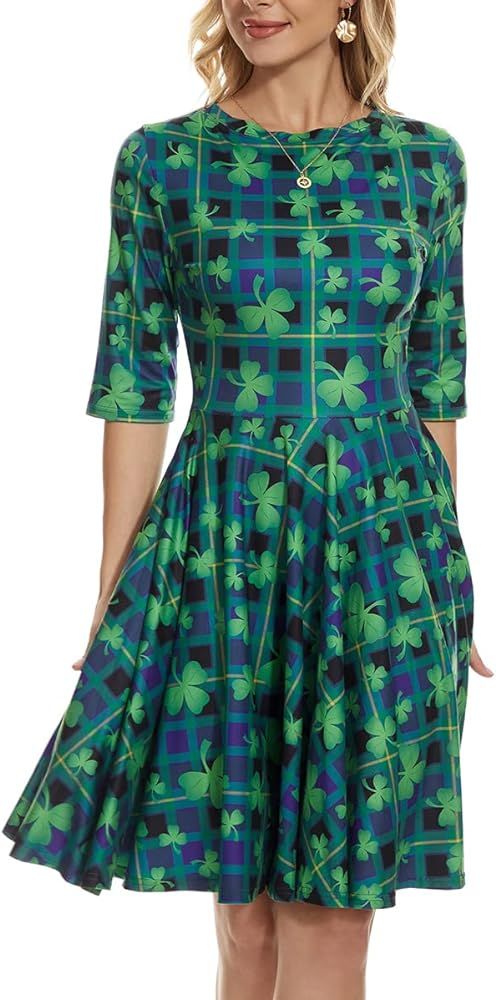 Ainuno St Patricks Day Dresses for Women Shamrock Dress Green Irish Outfits Short Sleeve Clover D... | Amazon (US)