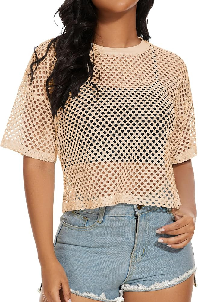 Women's Mesh Fishnet Top See Through Cover Up Short Sleeves T Shirts Sheer Blouse | Amazon (US)