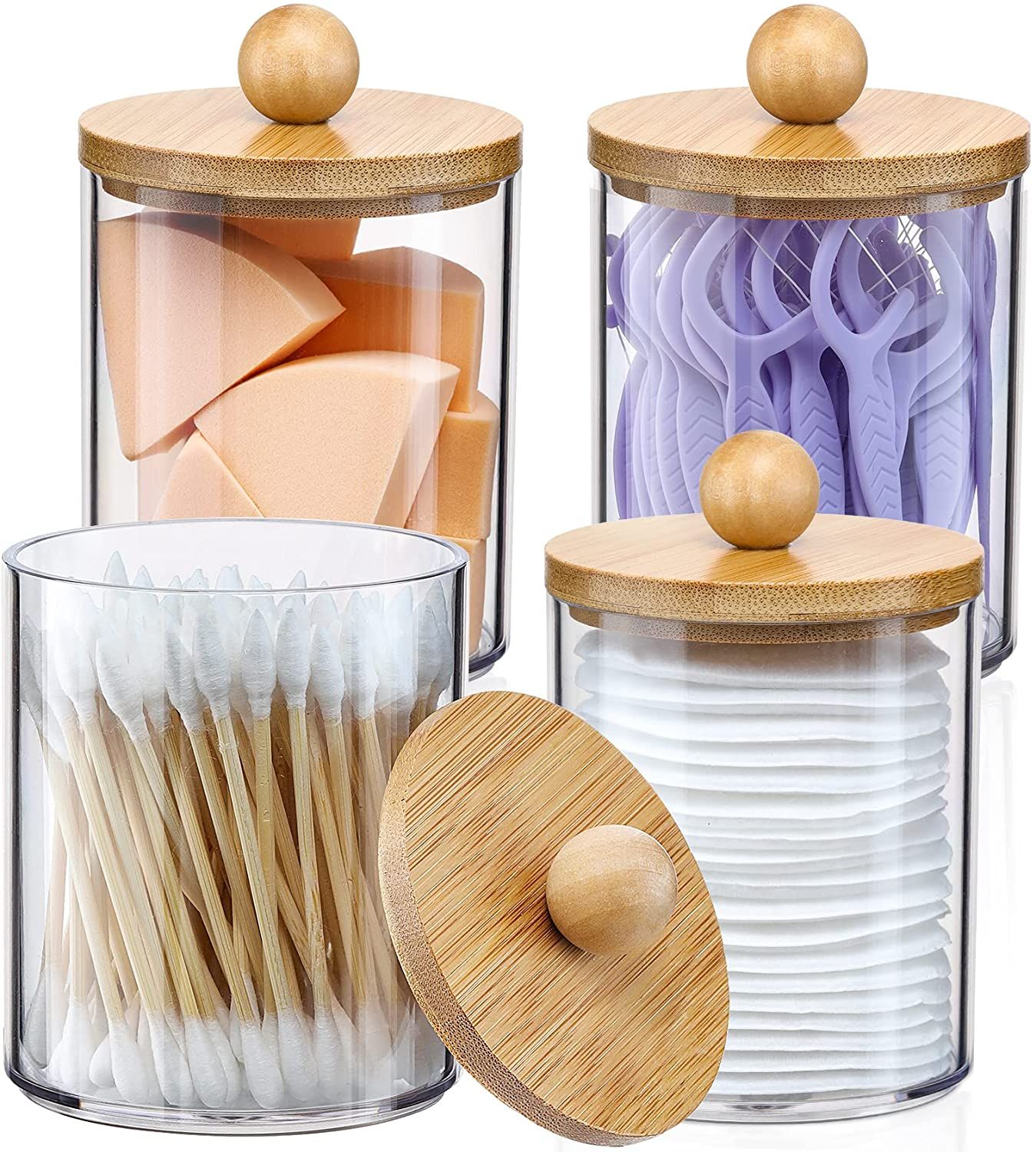4 Pack Qtip Holder Dispenser with Bamboo Lids - 10 oz Clear Plastic Apothecary Jar Containers for... | Walmart (US)