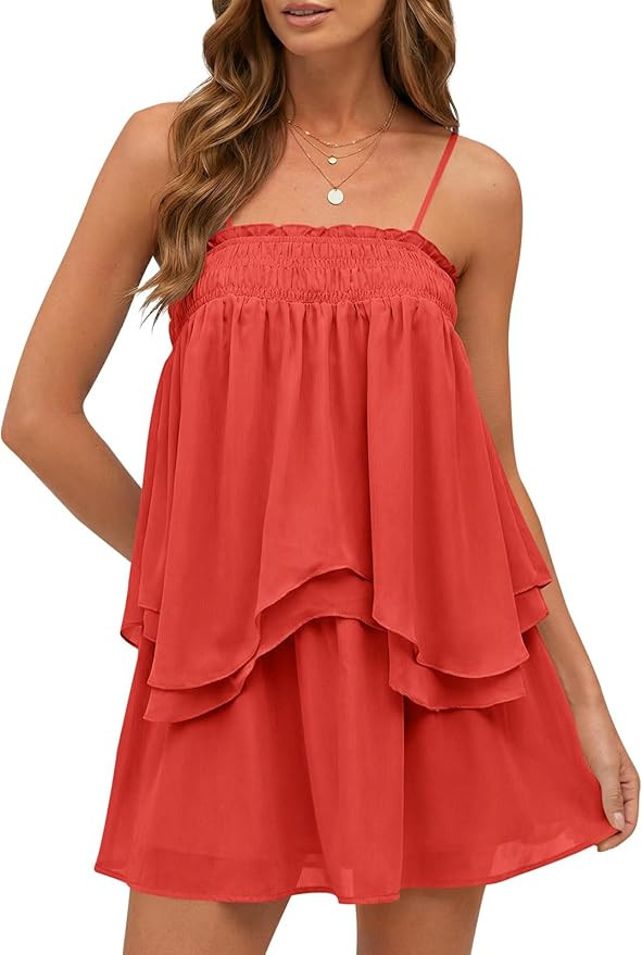 Wenrine Womens Summer Two Piece Skirt Sets Casual Smocked Cami Tops Mini Skirts Ruffle Tiered Flo... | Amazon (US)