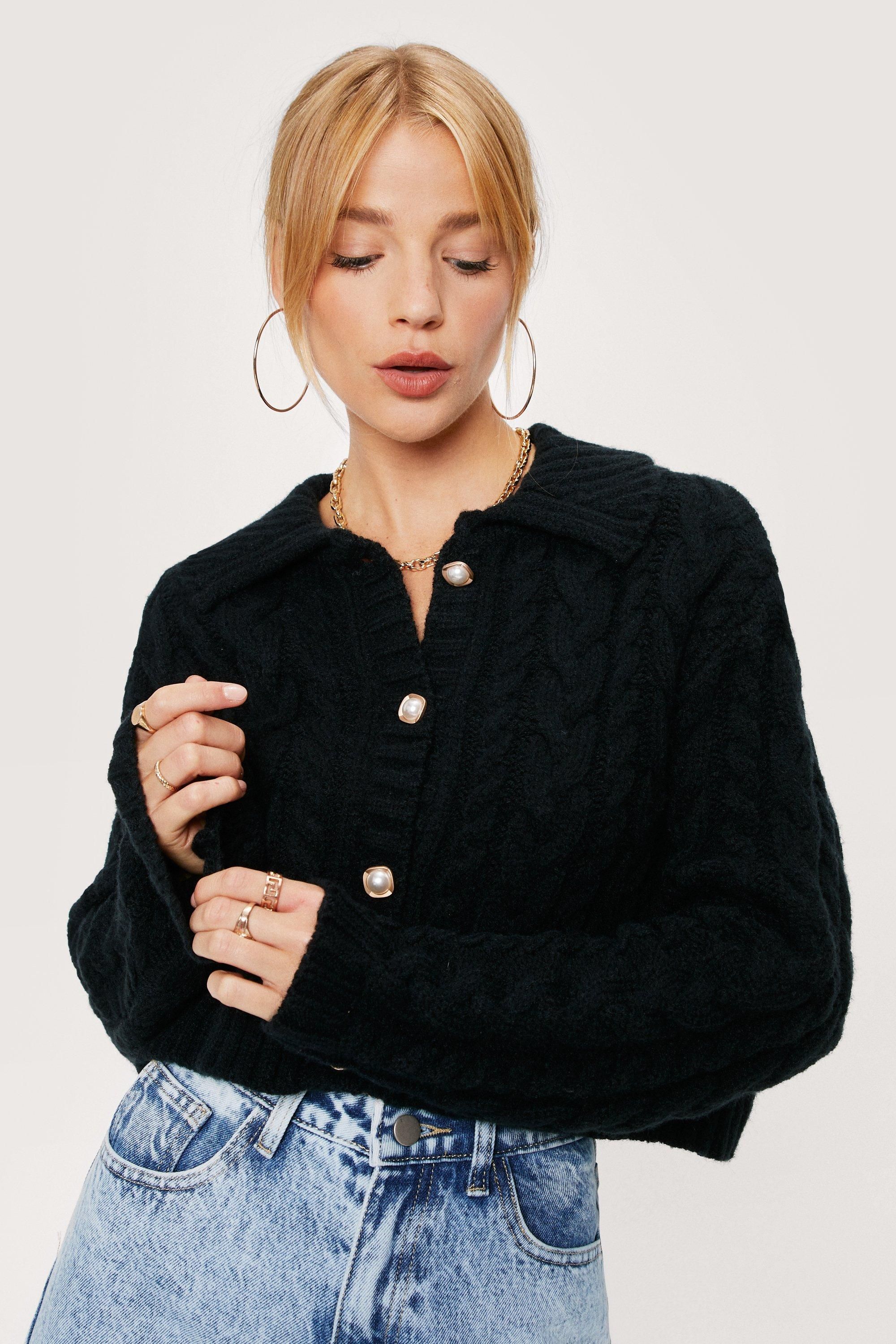 Petite Cable Knit Diamante Button Cardigan | Nasty Gal (US)