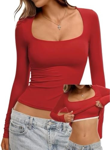 Danysu Double Lined Long Sleeve Tops with Built in Bra for Women Square Neck Basic Slim Crop Fall... | Amazon (US)