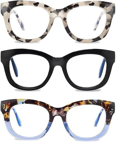 LADEESSE Readers for Women Oprah Style 3 Pack Square Oversized Reading Glasses with Spring Hinge Blue Light Blocking Ladies (Black+Grey+Blue, 3.00) | Amazon (US)
