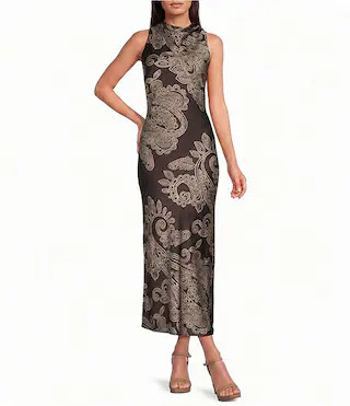 Aurora Satin Paisley Printed Mock Neck Sleeveless Satin Midi Dress | Dillard's