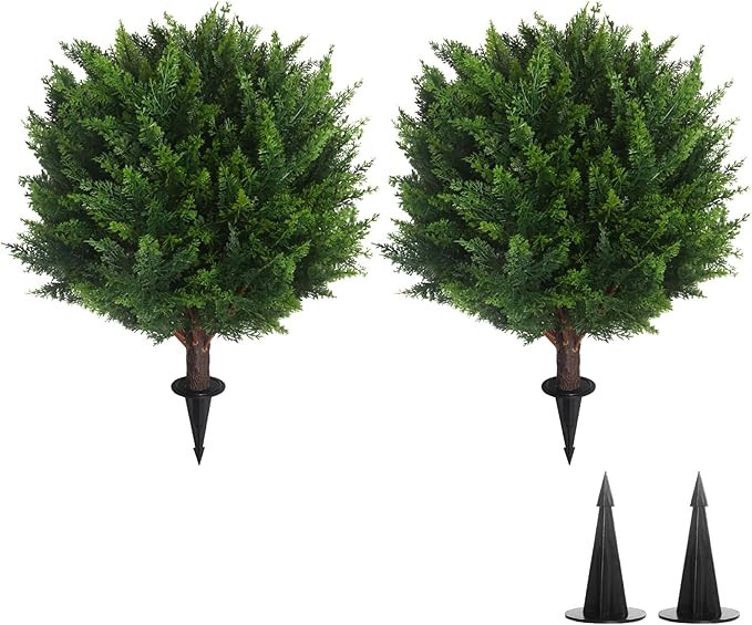 22''T Artificial Cedar Topiary Ball Tree 2 Pack, Outdoors Artificial Shrubs Faux Plants Uv Rated ... | Amazon (US)