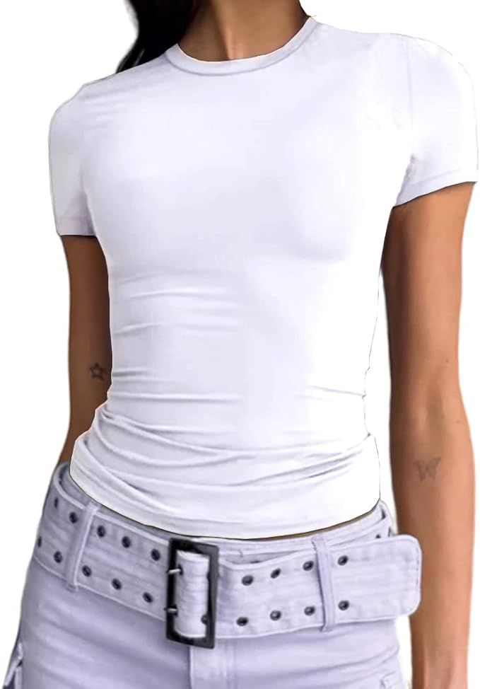 Abardsion Women's Casual Basic Going Out Crop Tops Slim Fit Short Sleeve Crew Neck Tight T Shirts | Amazon (US)
