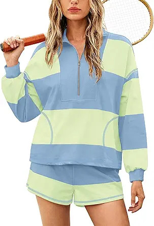 Yanekop Womens Oversized Striped Set Matching Workout Sets Lounge Sets 2 Piece Outfits Half Zip P... | Amazon (US)