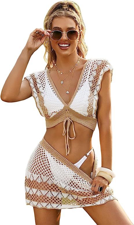 SheIn Women's Crochet Hollow Out Cover Up Set Tie Front V Neck Beach Coverups Swimsuit | Amazon (US)