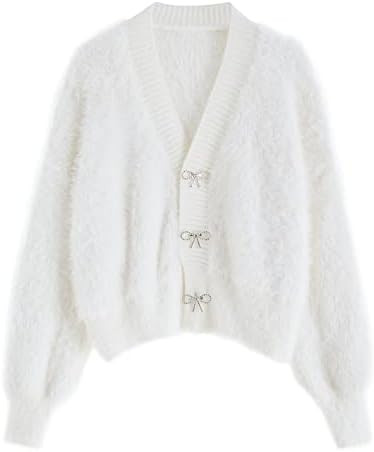 CHICWISH Women Crop Cardigan Sweaters Bowknot Brooch Button Knit Cardigans Open Front Long Sleeve... | Amazon (US)
