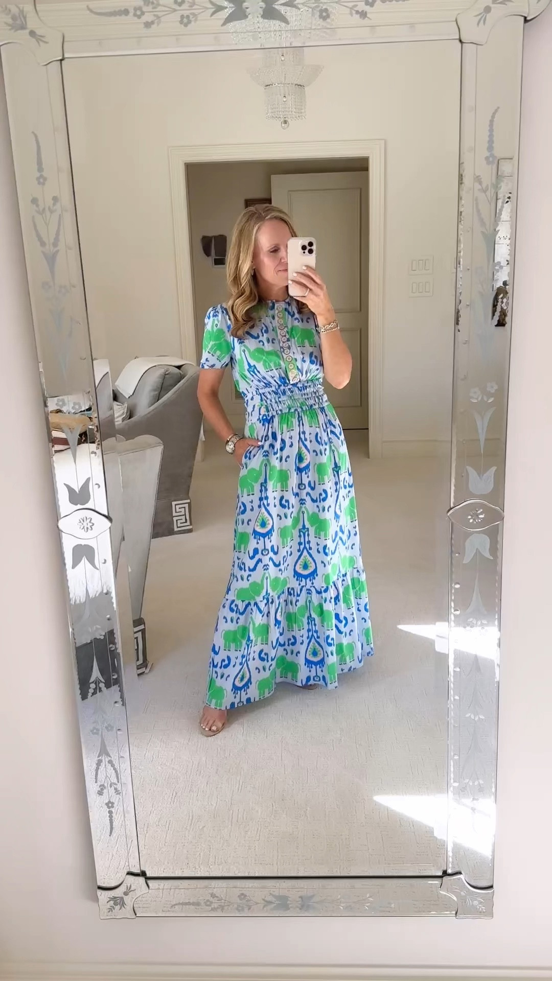 Love this gorgeous blue and green ikat print from Sheridan French. This is the Eloise style that is super flattering on all figures. Gorgeous maxi dress for warm weather getaways, and the beach at spring break. Would be great for a beach wedding.

#LTKStyleTip #LTKWatchNow #LTKOver40