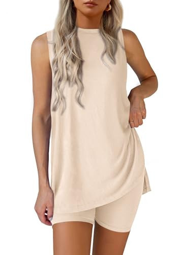 PRETTYGARDEN 2 Piece Sets for Women 2026 Summer Matching Lounge Shorts Set Resort Airport Travel Loungewear Outfits Clothing (Beige,Large) | Amazon (US)