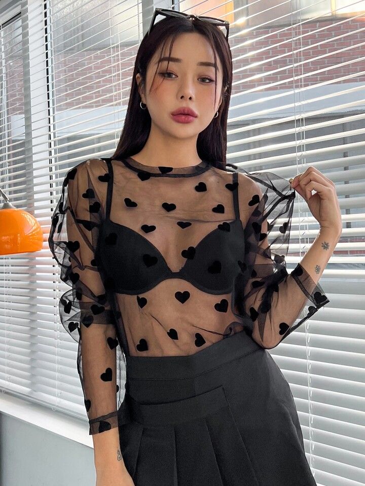 DAZY Heart Print Mesh Top Without Bra | SHEIN