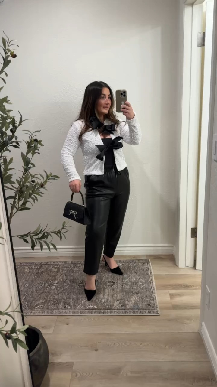 Petite friendly holiday outfit inspo! 

Sparkle bow top size small
faux leather pants size small cropped
kitten heels run tts

Holiday style, petite fashion, amazon fashion, holiday party, new year's eve 

 #LTKHoliday #LTKWatchNow #LTKSaleAlert