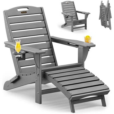 Foldable Reclining Adirondack Chairs with Ottomans, Set of 2 Adjustable HDPE Outdoor Lounge Chairs with Cup Holders | Wayfair North America