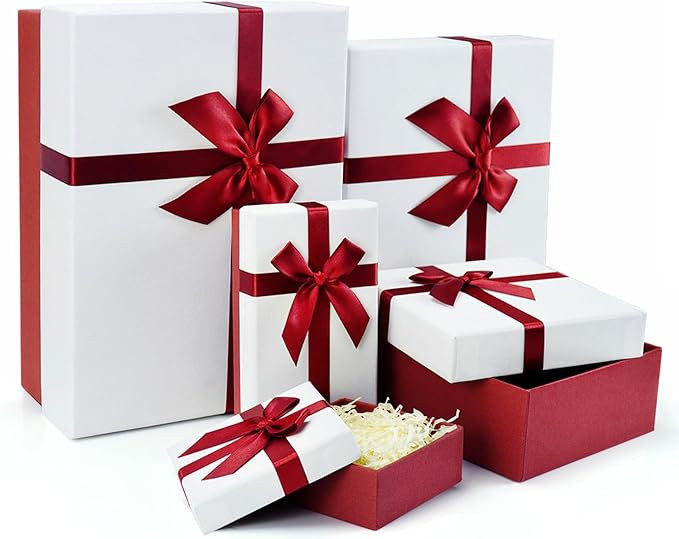 Gift Box for Present, 5 Christmas Gift Boxes with Lids, Boxes for Gifts, Red Gift Boxes with Ribb... | Amazon (US)