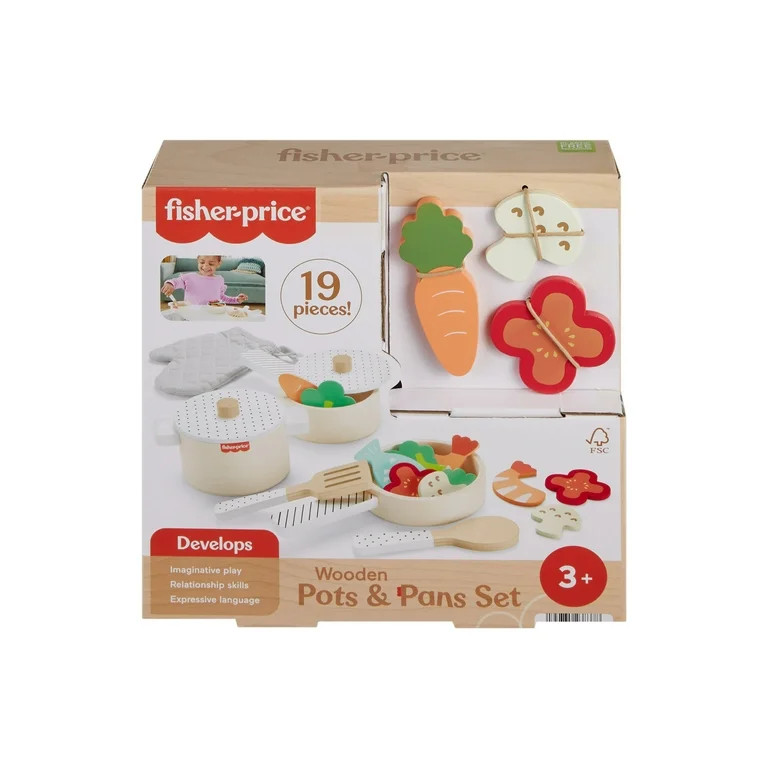 Fisher-Price Wooden Kitchen Pots & Pans Set, 19 Wood Pieces for Preschool Pretend Play, Ages 3+ Y... | Walmart (US)