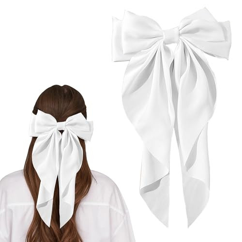 AEGYPIUS Hair Clip, Big White Satin Butterfly Bow for Women and Girls - Elegant Hair Ribbon Clip with Long Tail - Large Bowknot Design - Aesthetic Hair Accessory for Christmas & Birthdays | Amazon (US)