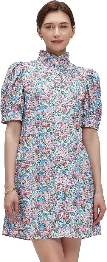 Women Summer Floral Mini Dress Ruffle Neck Puffer Sleeve Boho Beach Shift Dresses | Amazon (US)