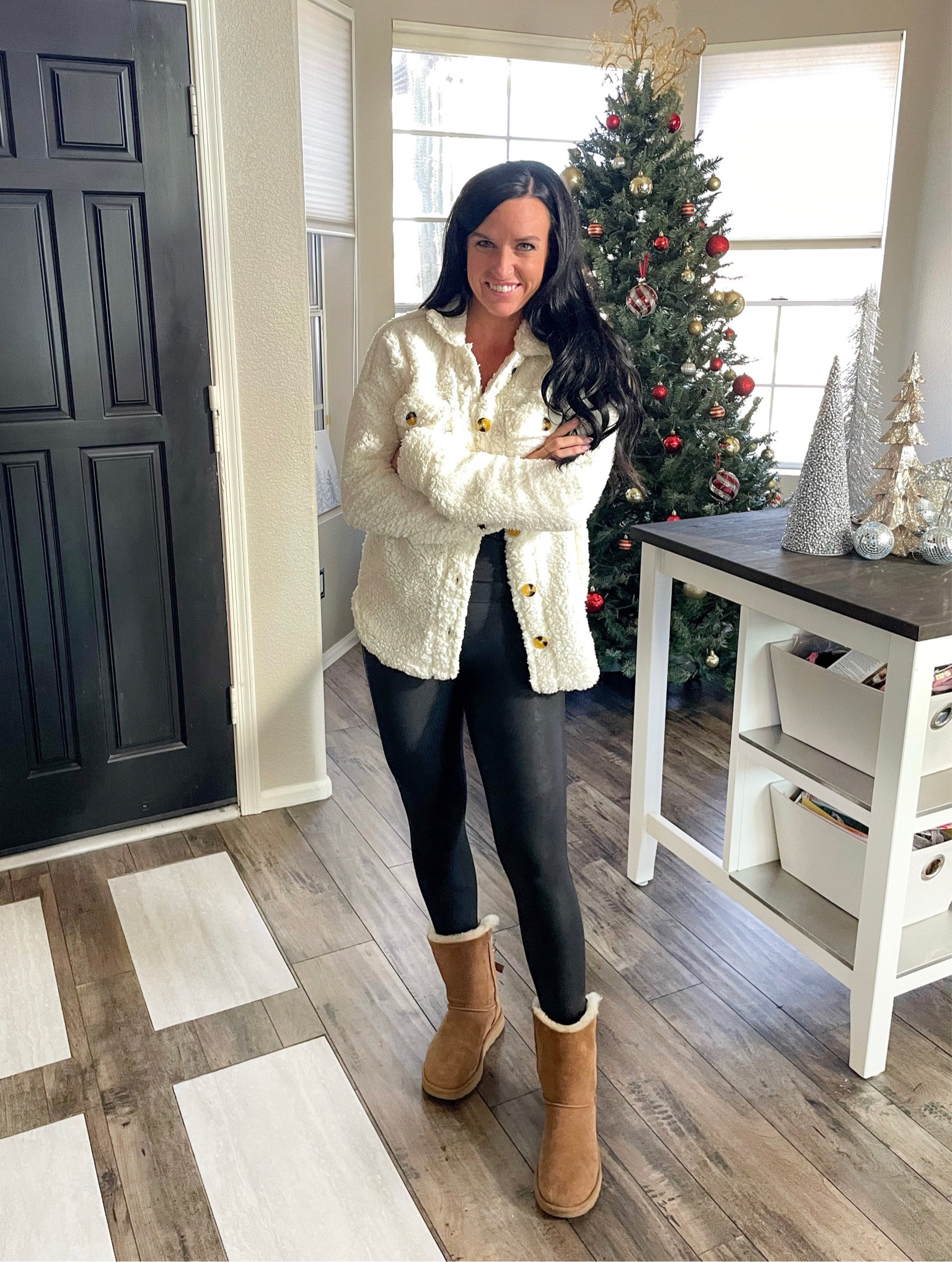 December Holiday Outfit idea: Travel Look 🚙 ✈️ 🎄

DETAILS:
• Sherpa shacket: only $17; I’m in a small; so cozy! (Layer your fav tank or long sleeved tee under!)
• Spanx faux leather leggings: such a closet staple in the fall and winter for me! They’re easy to travel in. I recommend getting your normal leggings size, or size up.
• Uggs: or add your favorite comfortable travel shoe.

• Walmart • Shacket • Sherpa • Holiday outfit • December outfit • 

#LTKstyletip #LTKtravel #LTKHoliday