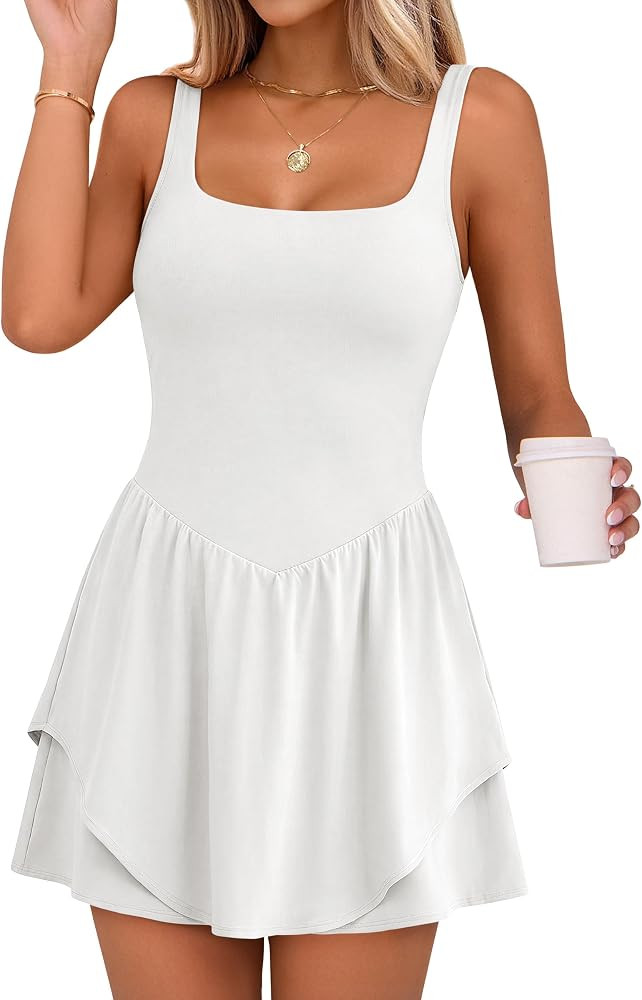 Caracilia Women Tennis Dress Square Neck 2 Layers Hem Built in Shorts and Bra Workout Athletic Go... | Amazon (US)