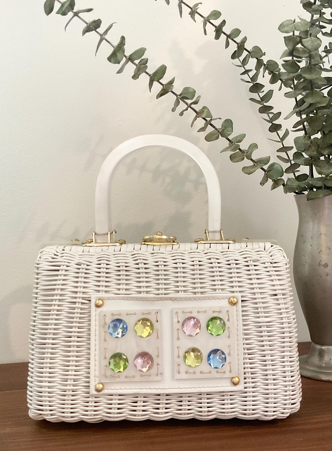 1950s 1960s Coated White Wicker W/multi Colored Accents Top Handle Handbag, Vintage 50s 60s White... | Etsy (US)