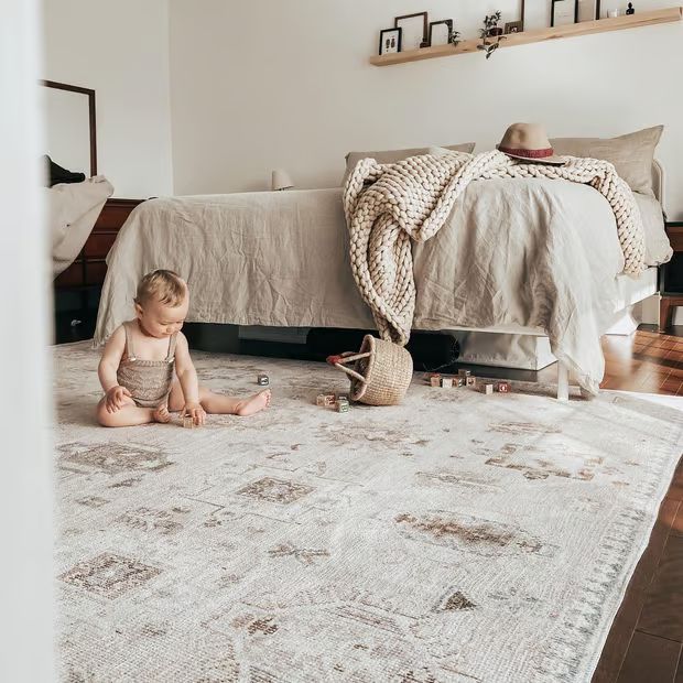 Beige Hazy Heraldry Washable Area Rug | Rugs USA