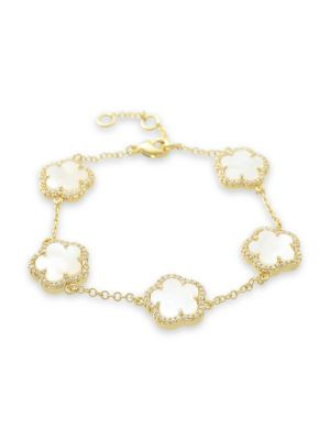 JanKuo Flower 14K Yellow Goldplated, Mother Of Pearl &amp; Cubic Zirconia Flower Station Bracelet... | Saks Fifth Avenue OFF 5TH