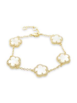 JanKuo Flower 14K Yellow Goldplated, Mother Of Pearl &amp; Cubic Zirconia Flower Station Bracelet... | Saks Fifth Avenue OFF 5TH