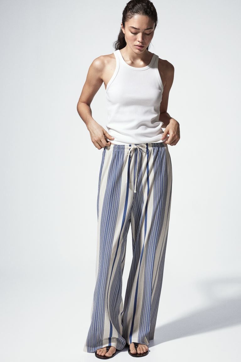 Wide-cut Pull-on Pants - High waist - Long - White/blue striped - Ladies | H&M US | H&M (US + CA)