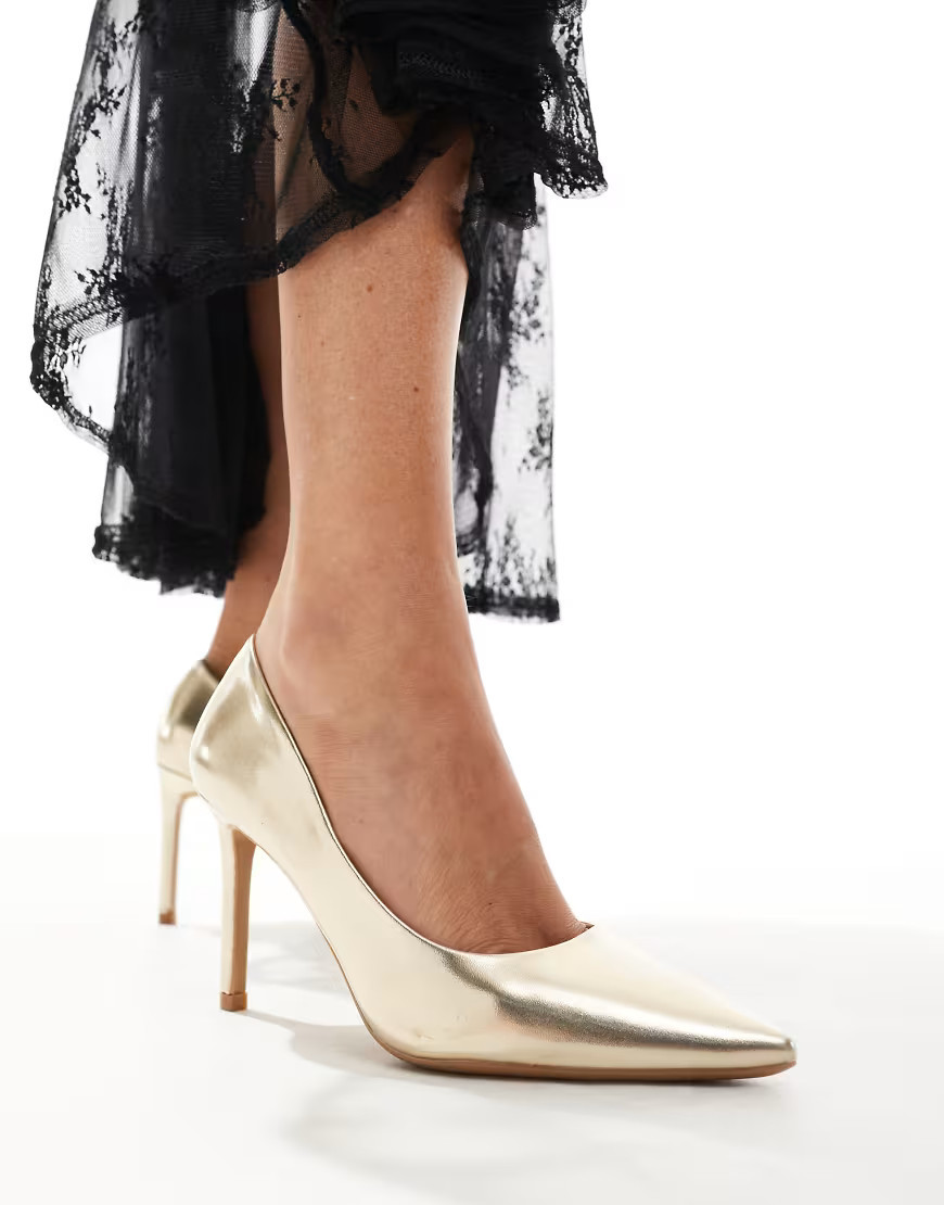 SEQWL pointed court shoes with stiletto heel in gold | ASOS (Global)