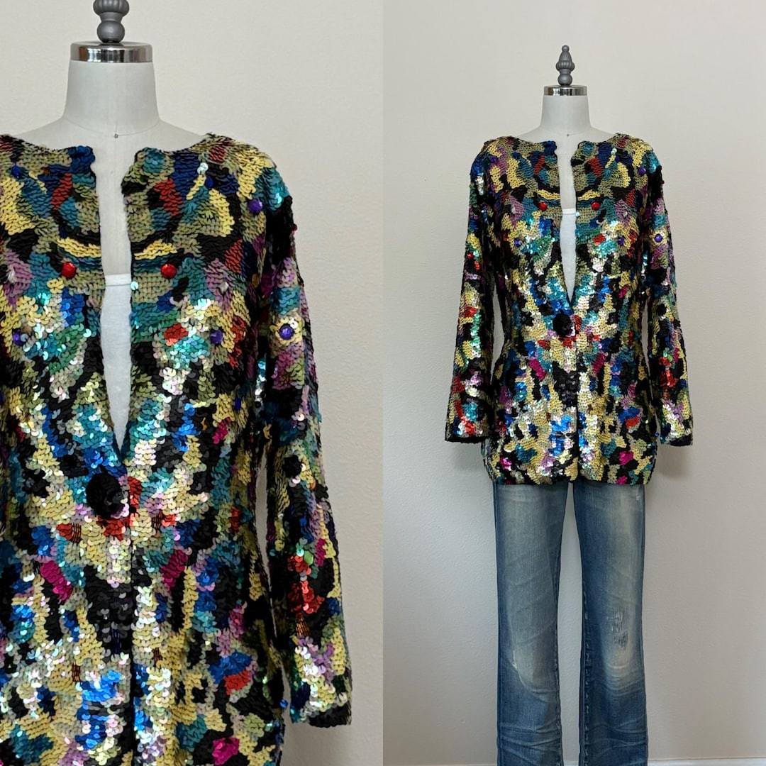 Vintage 90s Michael Simon Cardigan, 1990's Fully Sequined Beaded Cotton Novelty Sweater, Holiday ... | Etsy (US)