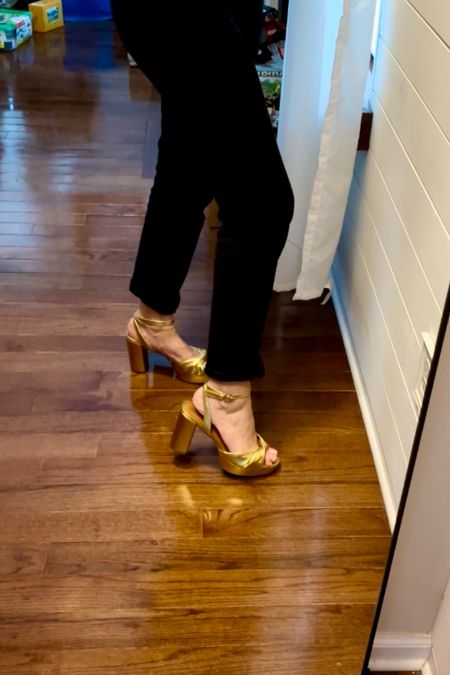 Cute heels! Metallic gold and wedged! Looks more expensive then are. Wearing true to size 

#LTKMostLoved #LTKfindsunder50 #LTKstyletip