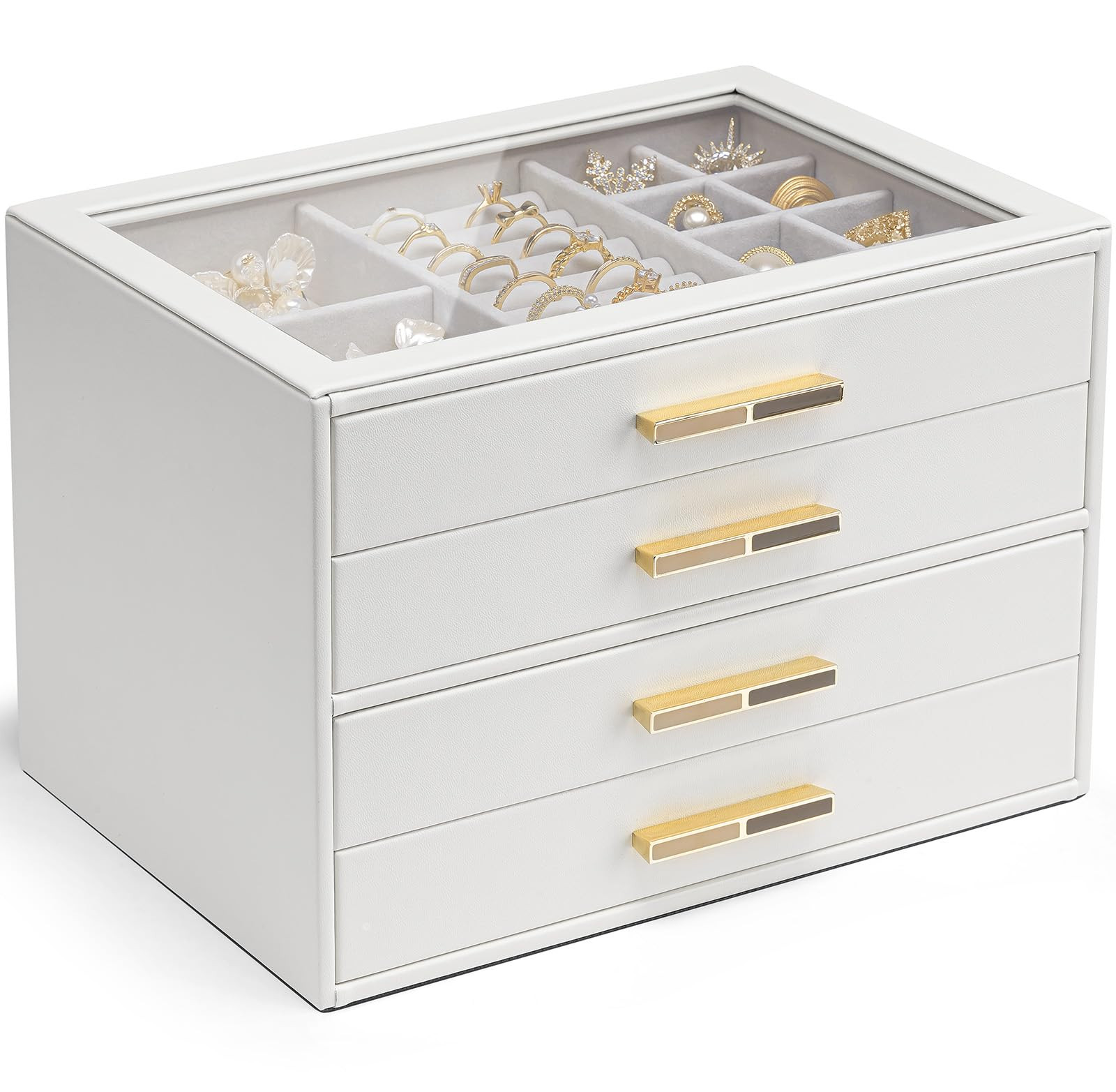 Vlando Jewelry Box for Women, Glass Lid Jewelry Organizer with 4 Drawers for Necklaces Rings Earr... | Amazon (US)