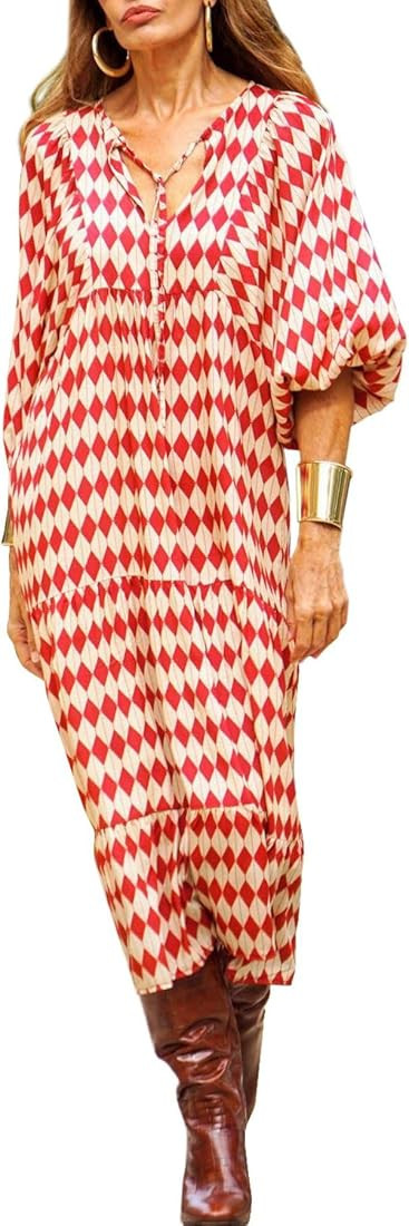 Womens Loose Fit Casual Summer V Neck Half Sleeve Bohemian Geometric Pattern Maxi Long Dresses | Amazon (US)