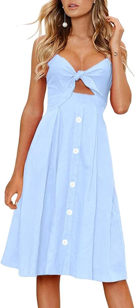 FANCYINN Womens Tie Front Button Down A-Line Dresses Summer Spaghetti Strap Midi Dress Floral Pri... | Amazon (US)