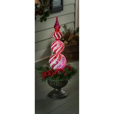 36 H Red/White Finial Shatterproof Battery Operated Twinkling White LED Ornament with Wreath in Urn | Walmart (US)