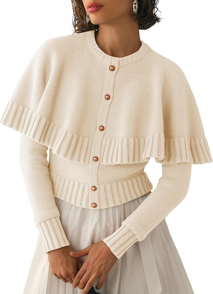 Saodimallsu Womens Cropped Cardigan Sweater Long Sleeve Fall Knit Cape Sweaters Button Up Trendy ... | Amazon (US)