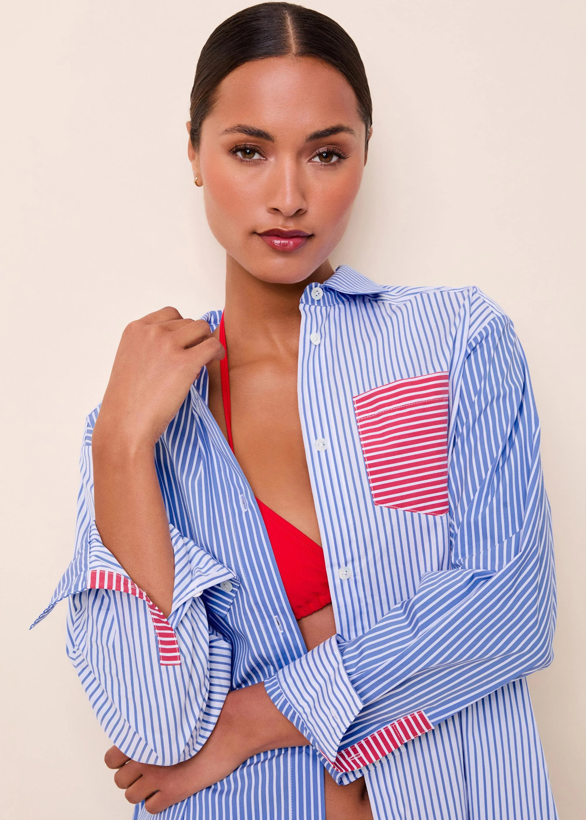 Avril Button Down Colorblock Marina Blue Stripe | Solid & Striped