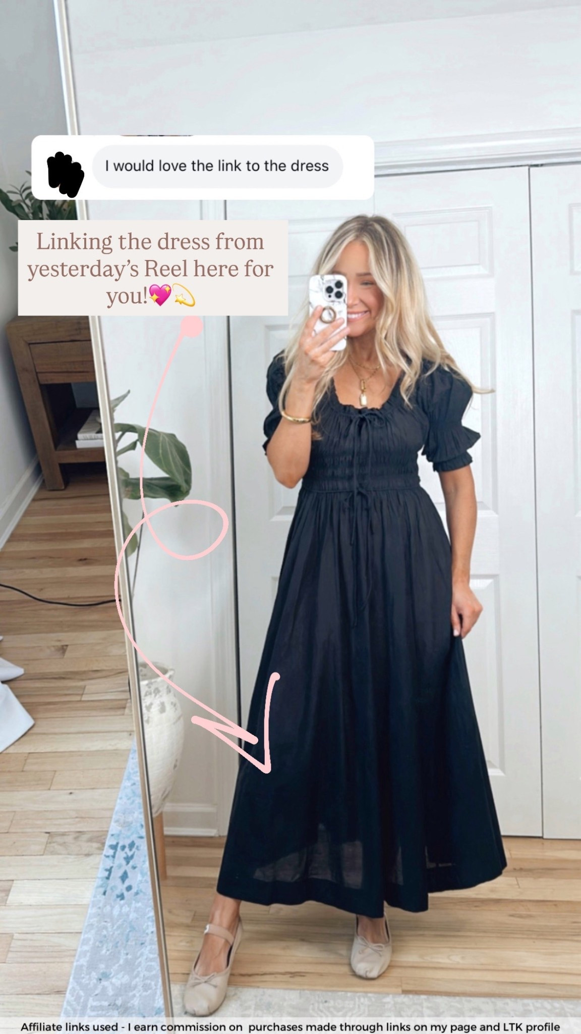 Black flowy dress (exact dress linked below, also linked a budget friendly options 💕💕)

Spring dress
Doen dress
Work from home outfit
House dress
