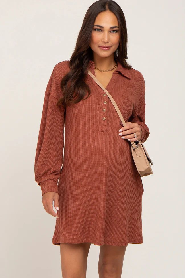 Rust Waffle Knit Collared Long Sleeve Maternity Dress | PinkBlush Maternity