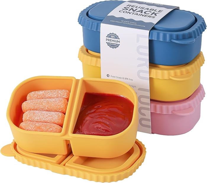 3 Pack Silicone Reusable Snack Containers with Lids - 8 oz Double Compartment Snackle Box for Kid... | Amazon (US)
