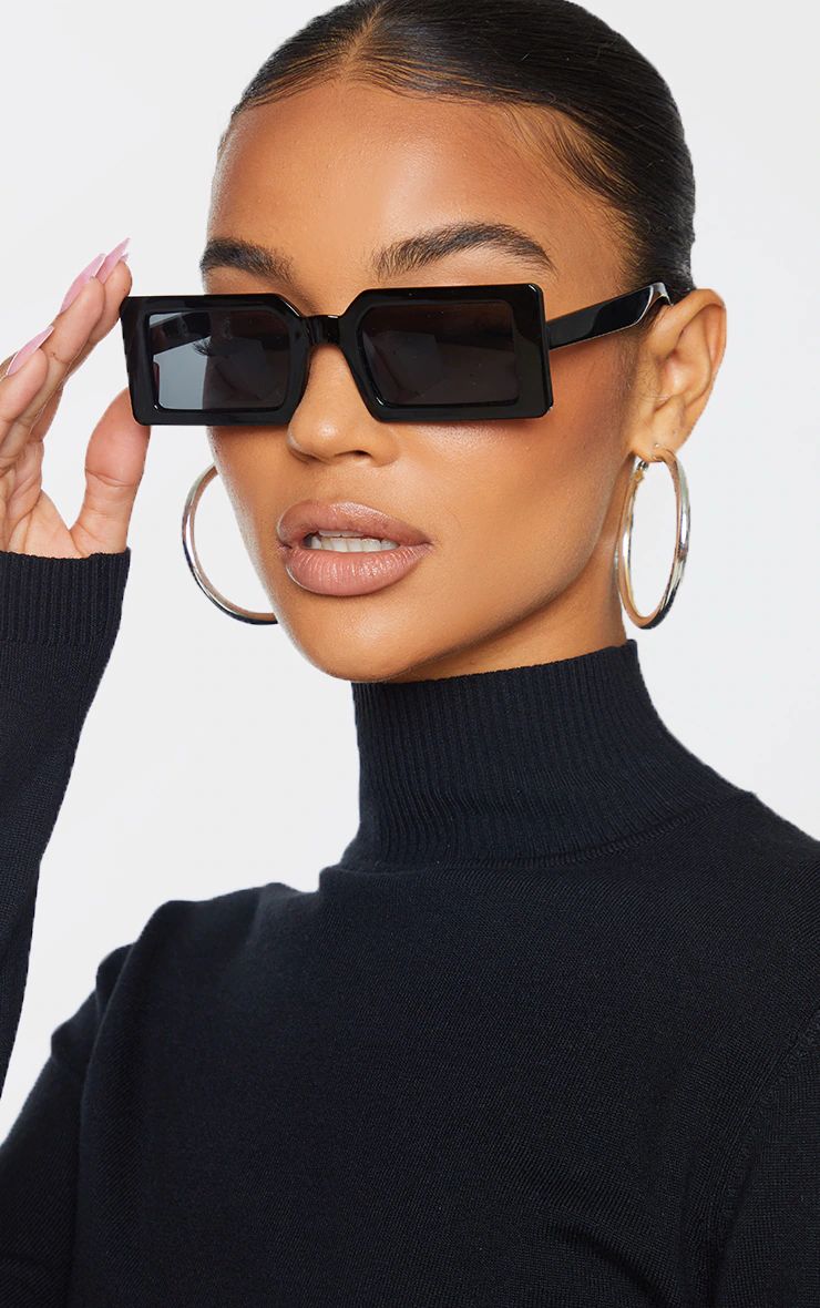 Black Square Frame Slimline Sunglasses | PrettyLittleThing US