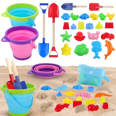 sixwipe 27 Pcs Beach Toys for Kids, Collapsible Sand Bucket and Shovels Set with Mesh Bag & Sand Molds, Sand Castle Toys for Beach, Travel Sand Toys for Beach, Sandbox Toys for Toddlers Kids Age 3-10 | Walmart (US)