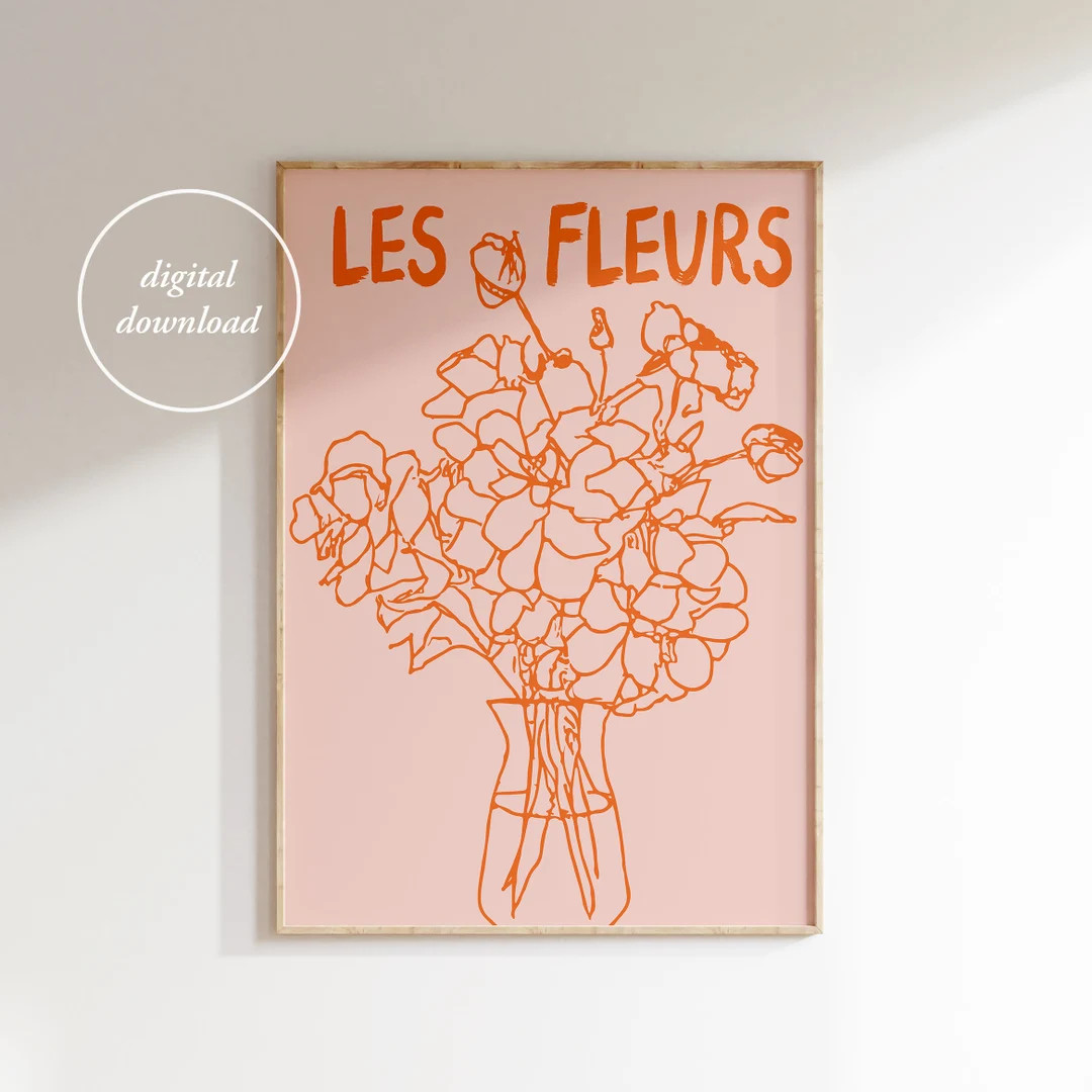 Hand Drawn Flower Vase Print - Retro Floral Poster - Abstract Botanical Flower Print - Les Fleurs... | Etsy (US)