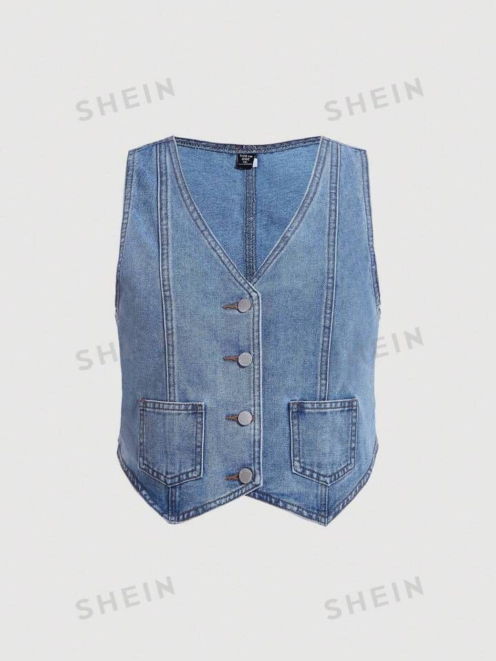 SHEIN MOD Plus Button Front Denim Blouse | SHEIN